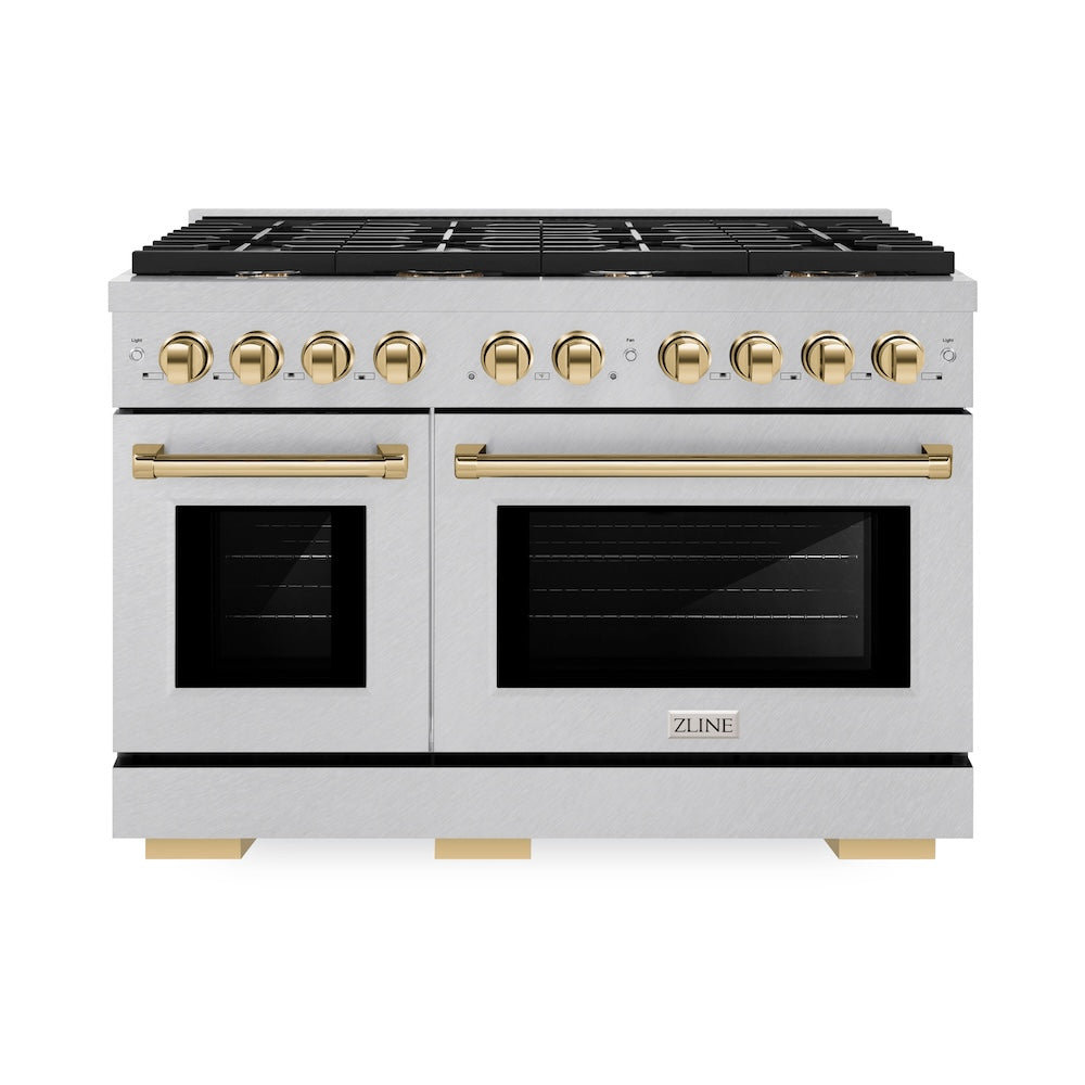 ZLINE Autograph Edition 48 in. 6.7 cu. ft. Paramount Double Oven Dual Fuel Range with 8 Burner Gas Cooktop in Satin Stainless Steel and Polished Gold Accents (SDRSZ-48-G) front.