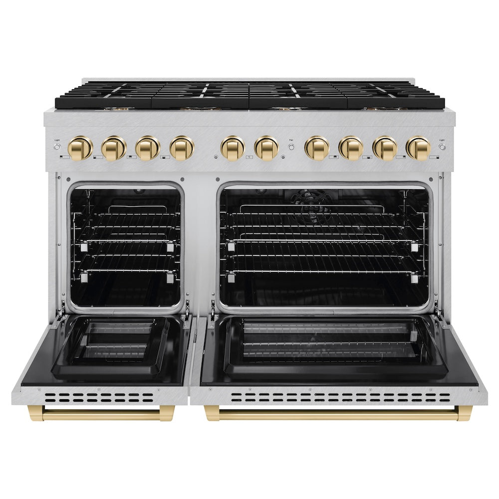ZLINE Autograph Edition 48 in. 6.7 cu. ft. Paramount Double Oven Dual Fuel Range with 8 Burner Gas Cooktop in Satin Stainless Steel and Polished Gold Accents (SDRSZ-48-G) front, open.