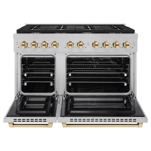 ZLINE Autograph Edition 48 in. 6.7 cu. ft. Paramount Double Oven Dual Fuel Range with 8 Burner Gas Cooktop in Satin Stainless Steel and Polished Gold Accents (SDRSZ-48-G) front, open.