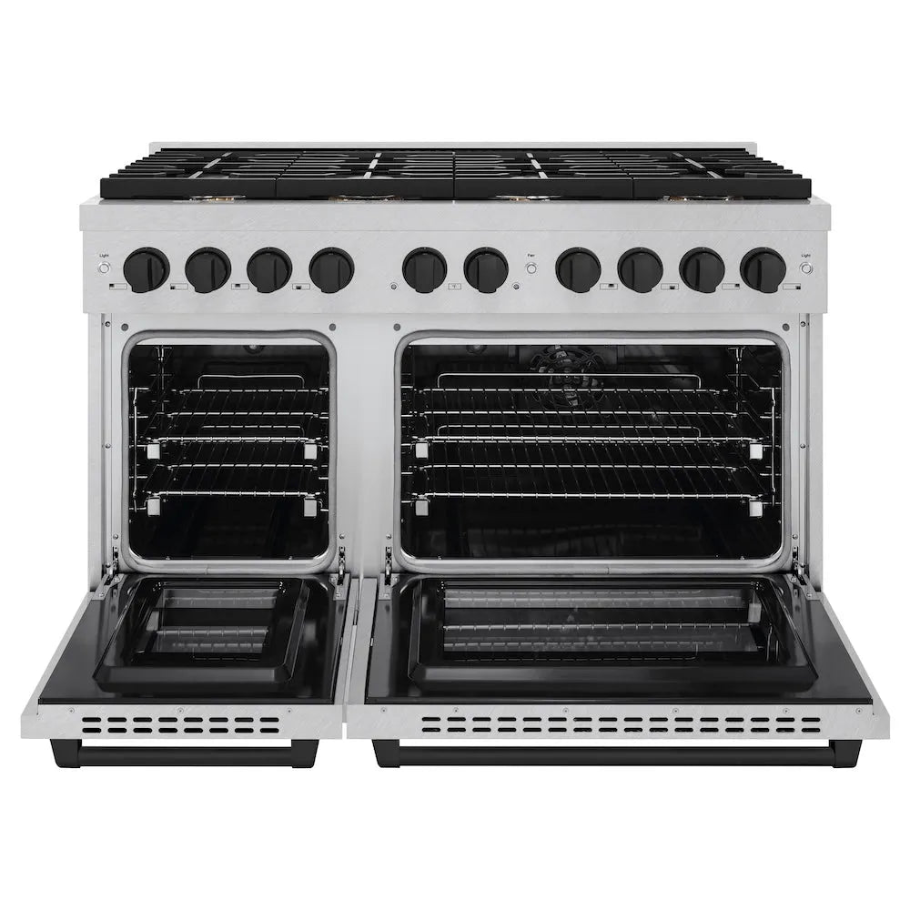 ZLINE Autograph Edition 48 in. 6.7 cu. ft. Paramount Double Oven Dual Fuel Range with 8 Burner Gas Cooktop in Satin Stainless Steel and Matte Black Accents (SDRSZ-48-MB) front, open.
