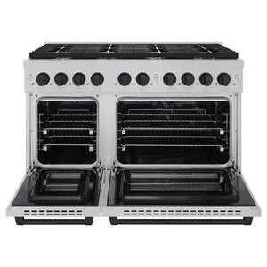 ZLINE Autograph Edition 48 in. 6.7 cu. ft. Paramount Double Oven Dual Fuel Range with 8 Burner Gas Cooktop in Satin Stainless Steel and Matte Black Accents (SDRSZ-48-MB) front, open.