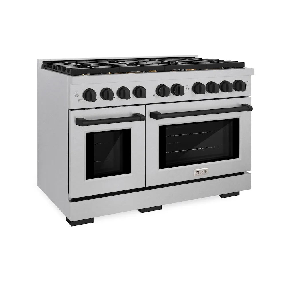 ZLINE Autograph Edition 48 in. 6.7 cu. ft. Paramount Double Oven Dual Fuel Range with 8 Burner Gas Cooktop in Satin Stainless Steel and Matte Black Accents (SDRSZ-48-MB) main image.