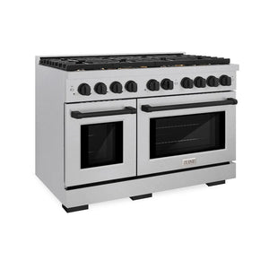 ZLINE Autograph Edition 48 in. 6.7 cu. ft. Paramount Double Oven Dual Fuel Range with 8 Burner Gas Cooktop in Satin Stainless Steel and Matte Black Accents (SDRSZ-48-MB) main image.