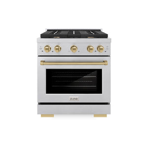 ZLINE Autograph Edition 30 in. 4.2 cu. ft. Paramount Gas Range with 4 Burner Cooktop and Convection Gas Oven in Satin Stainless Steel and Champagne Bronze Accents (SGRSZ-30-CB) front.