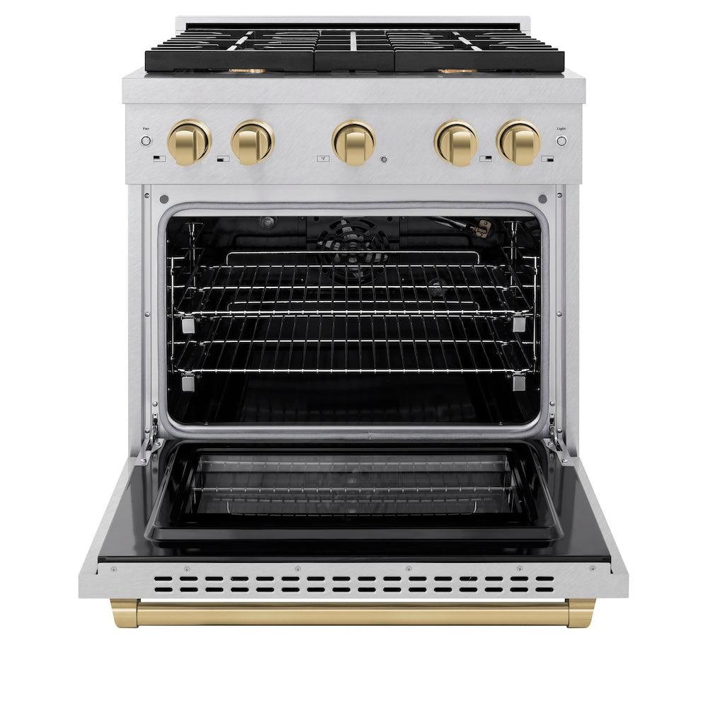 ZLINE Autograph Edition 30 in. 4.2 cu. ft. Paramount Gas Range with 4 Burner Cooktop and Convection Gas Oven in Satin Stainless Steel and Champagne Bronze Accents (SGRSZ-30-CB) front, open.