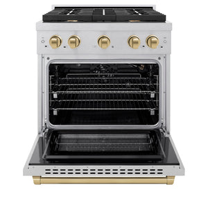 ZLINE Autograph Edition 30 in. 4.2 cu. ft. Paramount Gas Range with 4 Burner Cooktop and Convection Gas Oven in Satin Stainless Steel and Champagne Bronze Accents (SGRSZ-30-CB) front, open.
