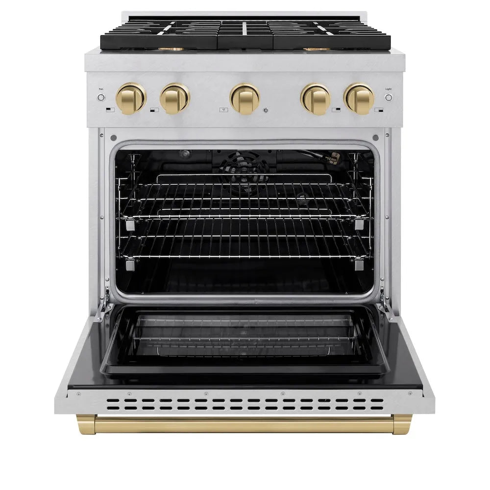 ZLINE Autograph Edition 30 in. 4.2 cu. ft. Paramount Gas Range with 4 Burner Cooktop and Convection Gas Oven in Satin Stainless Steel and Champagne Bronze Accents (SGRSZ-30-CB) front, open.