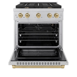 ZLINE Autograph Edition 30 in. 4.2 cu. ft. Paramount Gas Range with 4 Burner Cooktop and Convection Gas Oven in Satin Stainless Steel and Champagne Bronze Accents (SGRSZ-30-CB) front, open.