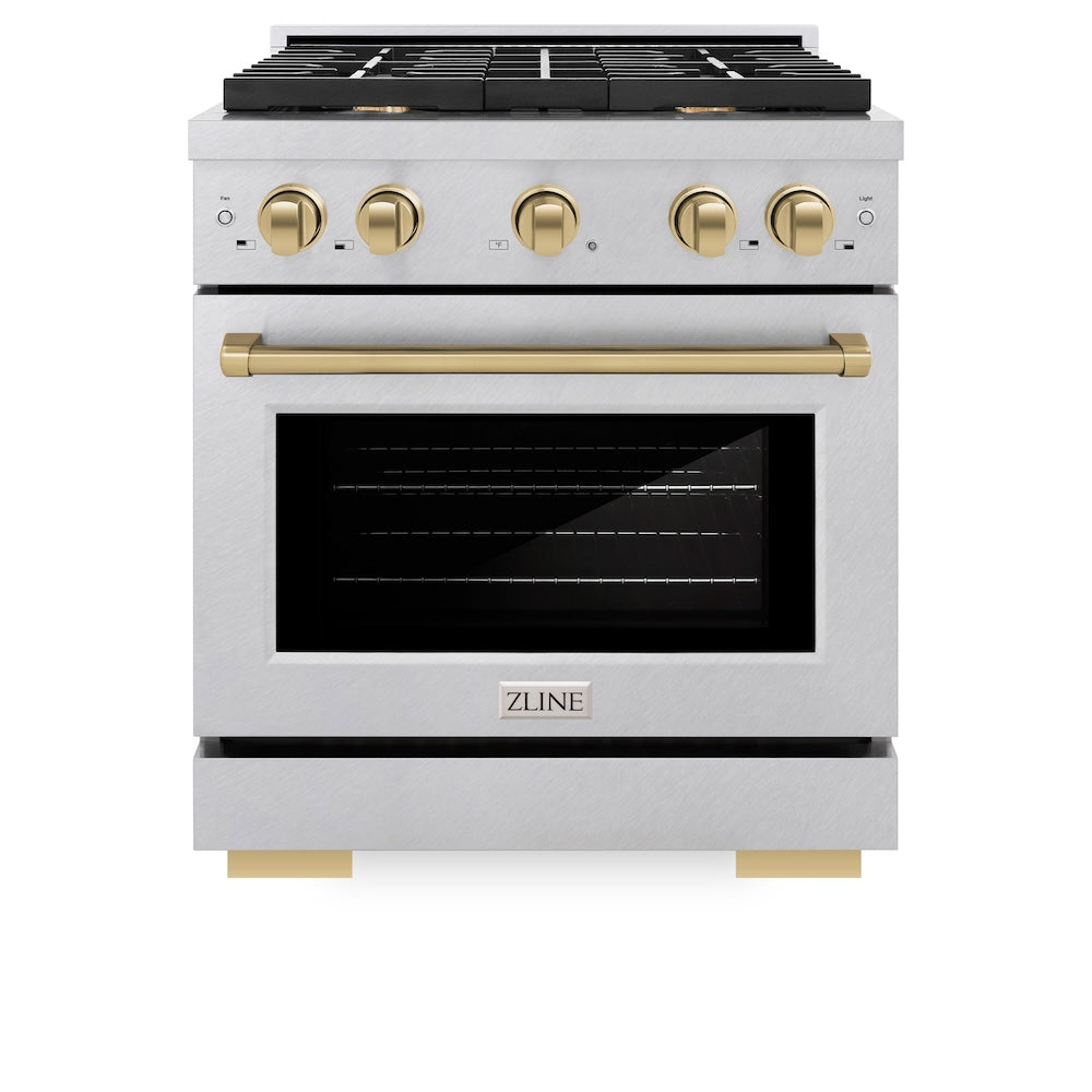ZLINE Autograph Edition 30 in. 4.2 cu. ft. Paramount Gas Range with 4 Burner Cooktop and Convection Gas Oven in Satin Stainless Steel and Champagne Bronze Accents (SGRSZ-30-CB) front, oven closed.