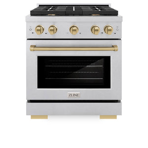 ZLINE Autograph Edition 30 in. 4.2 cu. ft. Paramount Gas Range with 4 Burner Cooktop and Convection Gas Oven in Satin Stainless Steel and Champagne Bronze Accents (SGRSZ-30-CB) front, oven closed.