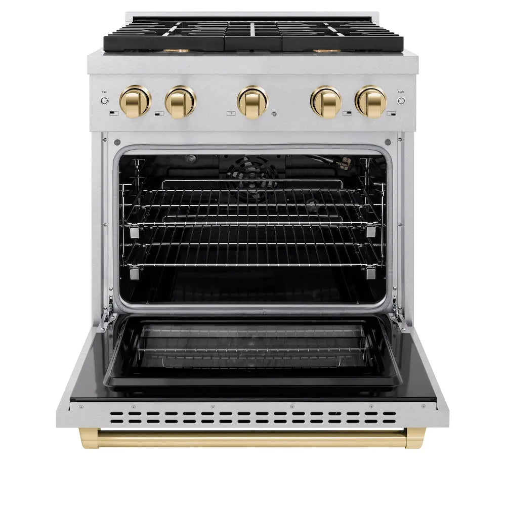 ZLINE Autograph Edition 30 in. 4.2 cu. ft. Paramount Gas Range with 4 Burner Cooktop and Convection Gas Oven in Satin Stainless Steel and Polished Gold Accents (SGRSZ-30-G) front, open.