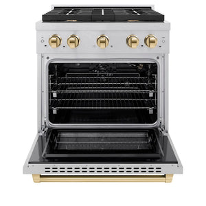 ZLINE Autograph Edition 30 in. 4.2 cu. ft. Paramount Gas Range with 4 Burner Cooktop and Convection Gas Oven in Satin Stainless Steel and Polished Gold Accents (SGRSZ-30-G) front, open.