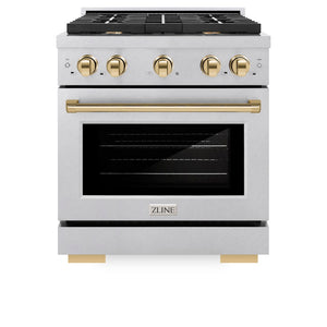ZLINE Autograph Edition 30 in. 4.2 cu. ft. Paramount Gas Range with 4 Burner Cooktop and Convection Gas Oven in Satin Stainless Steel and Polished Gold Accents (SGRSZ-30-G) front, oven closed.