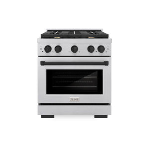 ZLINE Autograph Edition 30 in. 4.2 cu. ft. Paramount Gas Range with 4 Burner Cooktop and Convection Gas Oven in Satin Stainless Steel and Matte Black Accents (SGRSZ-30-MB) front.