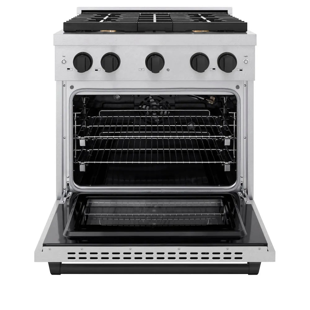 ZLINE Autograph Edition 30 in. 4.2 cu. ft. Paramount Gas Range with 4 Burner Cooktop and Convection Gas Oven in Satin Stainless Steel and Matte Black Accents (SGRSZ-30-MB) front, open.