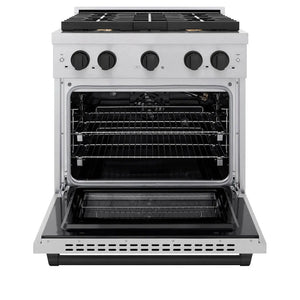 ZLINE Autograph Edition 30 in. 4.2 cu. ft. Paramount Gas Range with 4 Burner Cooktop and Convection Gas Oven in Satin Stainless Steel and Matte Black Accents (SGRSZ-30-MB) front, open.