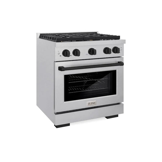 ZLINE Autograph Edition 30 in. 4.2 cu. ft. Paramount Gas Range with 4 Burner Cooktop and Convection Gas Oven in Satin Stainless Steel and Matte Black Accents (SGRSZ-30-MB) main image.