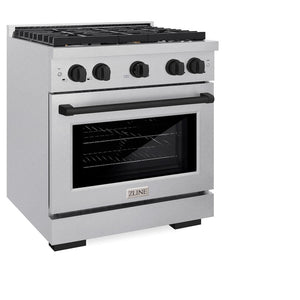 ZLINE Autograph Edition 30 in. 4.2 cu. ft. Paramount Gas Range with 4 Burner Cooktop and Convection Gas Oven in Satin Stainless Steel and Matte Black Accents (SGRSZ-30-MB) side, oven closed.