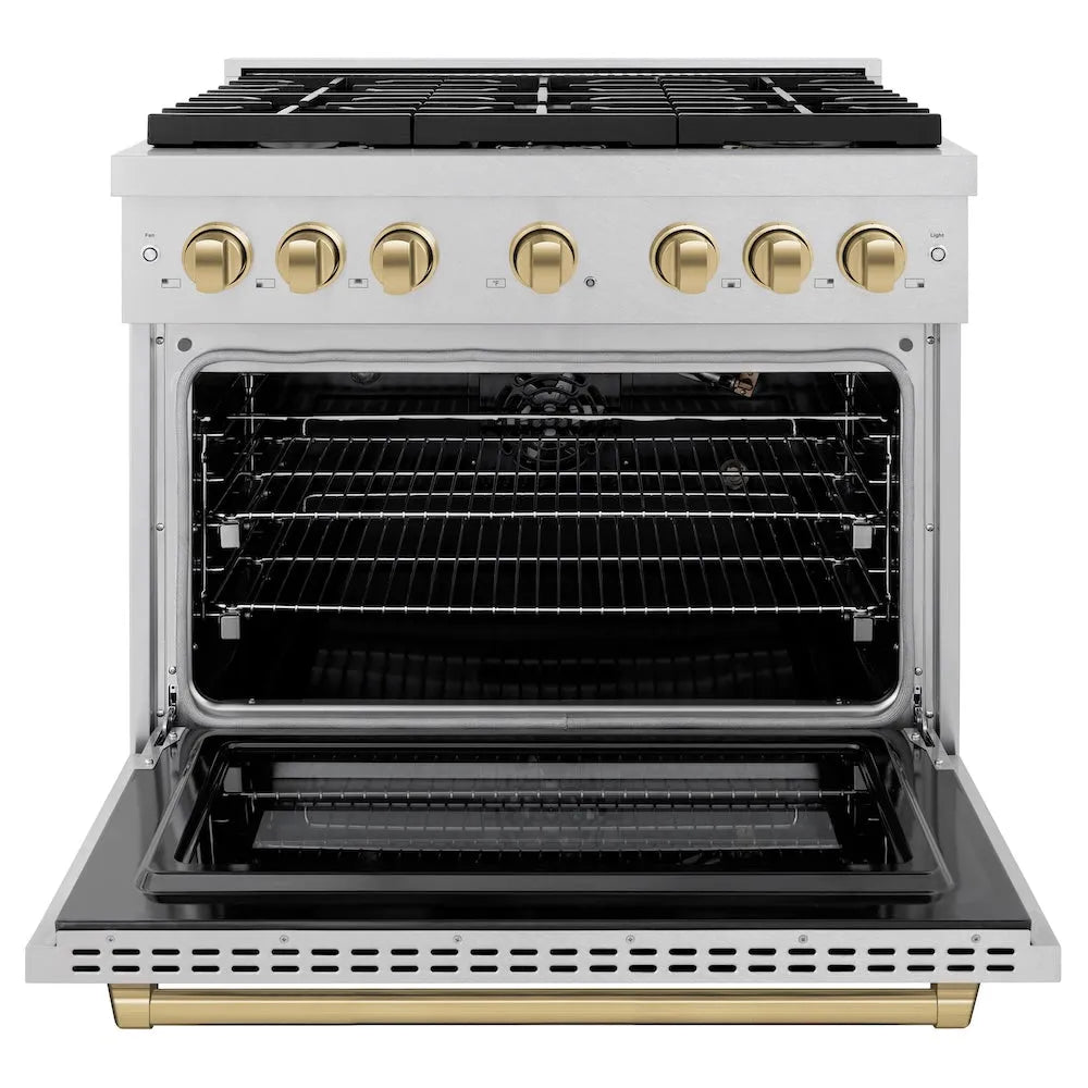 ZLINE Autograph Edition 36 in. 5.2 cu. ft. Paramount Gas Range with 6 Burner Cooktop and Convection Gas Oven in Satin Stainless Steel and Champagne Bronze Accents (SGRSZ-36-CB) front, open.