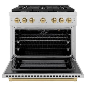 ZLINE Autograph Edition 36 in. 5.2 cu. ft. Paramount Gas Range with 6 Burner Cooktop and Convection Gas Oven in Satin Stainless Steel and Champagne Bronze Accents (SGRSZ-36-CB) front, open.