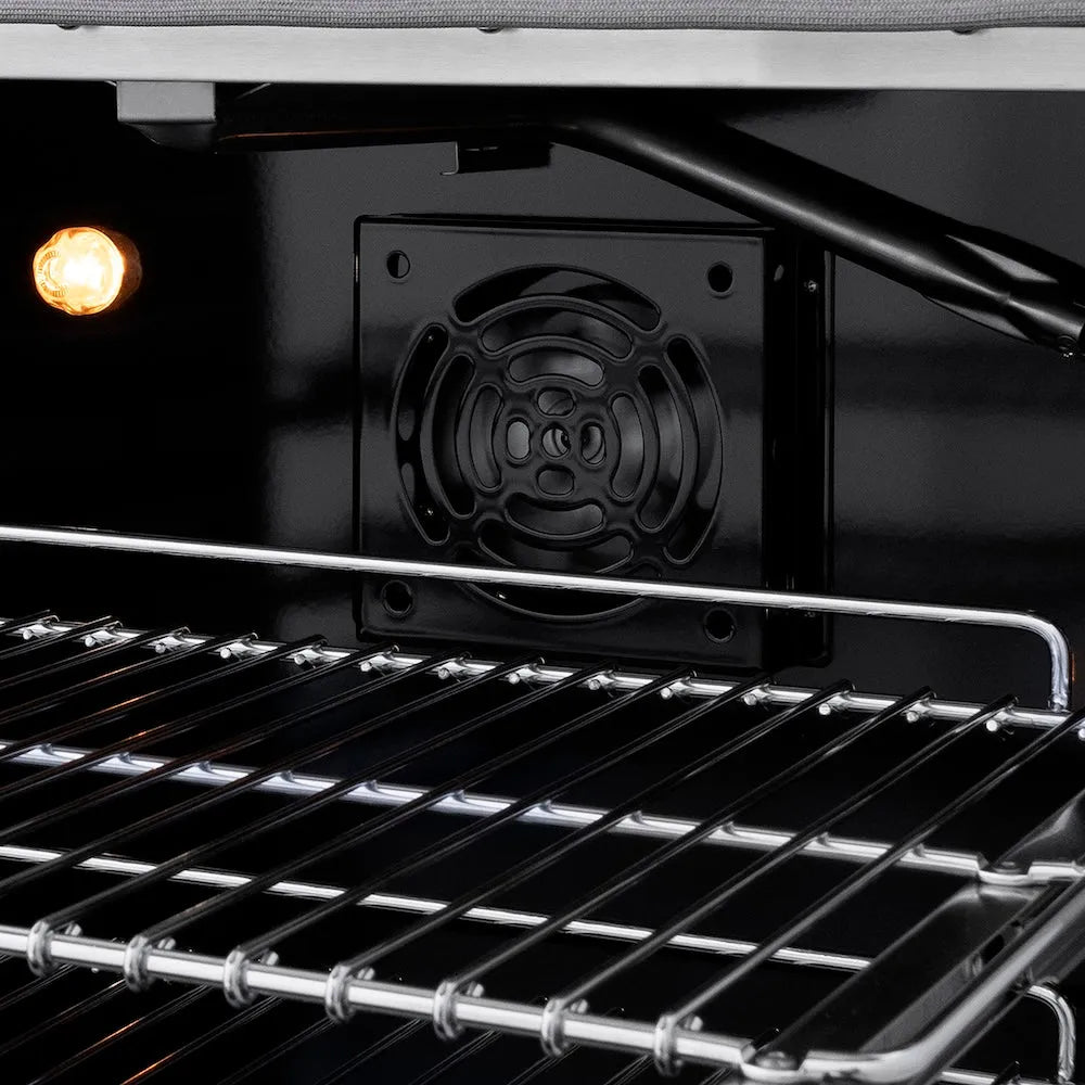 ZLINE Autograph Edition 36 in. 5.2 cu. ft. Paramount Gas Range with 6 Burner Cooktop and Convection Gas Oven in Satin Stainless Steel and Champagne Bronze Accents (SGRSZ-36-CB) convection fan and lighting inside oven.