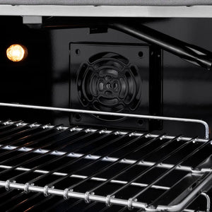 ZLINE Autograph Edition 36 in. 5.2 cu. ft. Paramount Gas Range with 6 Burner Cooktop and Convection Gas Oven in Satin Stainless Steel and Champagne Bronze Accents (SGRSZ-36-CB) convection fan and lighting inside oven.