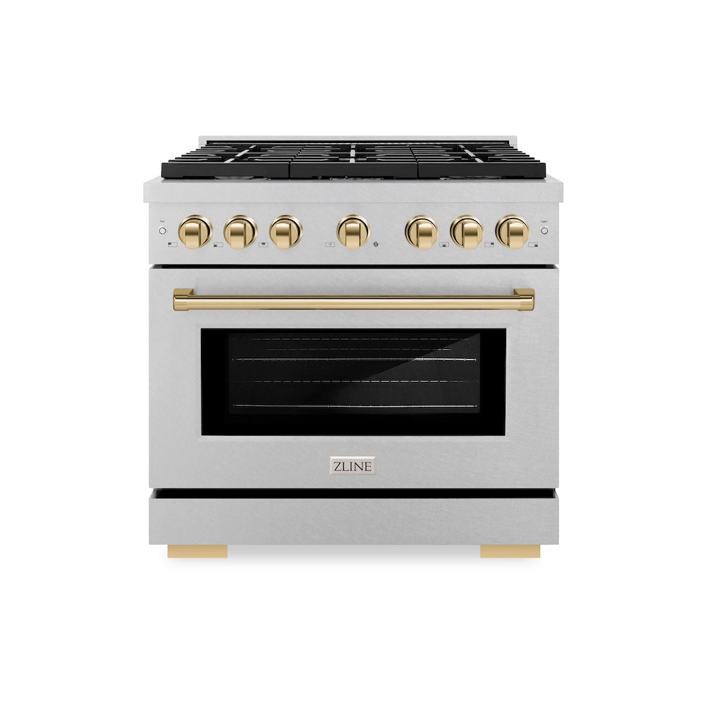 ZLINE Autograph Edition 36 in. 5.2 cu. ft. Paramount Gas Range with 6 Burner Cooktop and Convection Gas Oven in Satin Stainless Steel and Polished Gold Accents (SGRSZ-36-G) front.