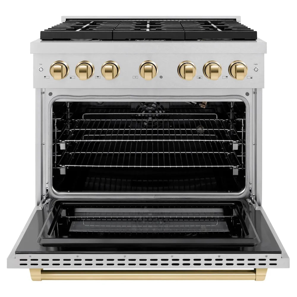 ZLINE Autograph Edition 36 in. 5.2 cu. ft. Paramount Gas Range with 6 Burner Cooktop and Convection Gas Oven in Satin Stainless Steel and Polished Gold Accents (SGRSZ-36-G) front, open.