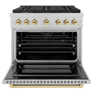 ZLINE Autograph Edition 36 in. 5.2 cu. ft. Paramount Gas Range with 6 Burner Cooktop and Convection Gas Oven in Satin Stainless Steel and Polished Gold Accents (SGRSZ-36-G) front, open.
