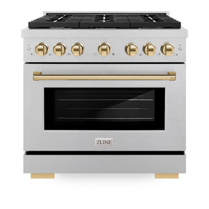 ZLINE Autograph Edition 36 in. 5.2 cu. ft. Paramount Gas Range with 6 Burner Cooktop and Convection Gas Oven in Satin Stainless Steel and Polished Gold Accents (SGRSZ-36-G) front, oven closed.