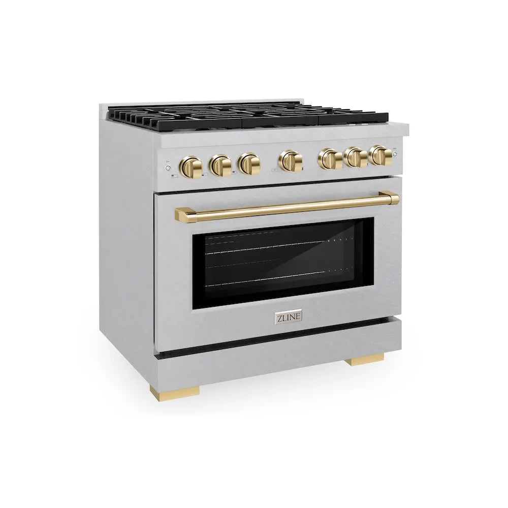 ZLINE Autograph Edition 36 in. 5.2 cu. ft. Paramount Gas Range with 6 Burner Cooktop and Convection Gas Oven in Satin Stainless Steel and Polished Gold Accents (SGRSZ-36-G) main image.