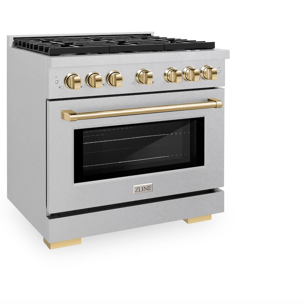 ZLINE Autograph Edition 36 in. 5.2 cu. ft. Paramount Gas Range with 6 Burner Cooktop and Convection Gas Oven in Satin Stainless Steel and Polished Gold Accents (SGRSZ-36-G) side, oven closed.