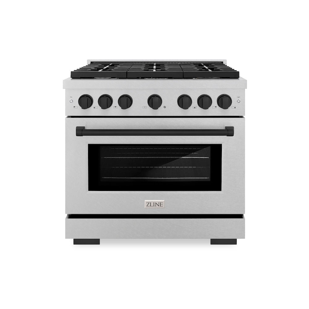 ZLINE Autograph Edition 36 in. 5.2 cu. ft. 6 Burner Paramount Gas Range with Convection Gas Oven in Satin Stainless Steel and Matte Black Accents (SGRSZ-36-MB) front.