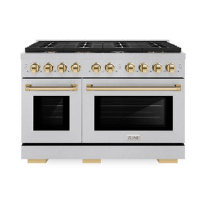 ZLINE Autograph Edition 48 in. 6.7 cu. ft. Paramount Double Oven Gas Range with 8 Burner Cooktop in Satin Stainless Steel and Polished Gold Accents (SGRSZ-48-G) front.