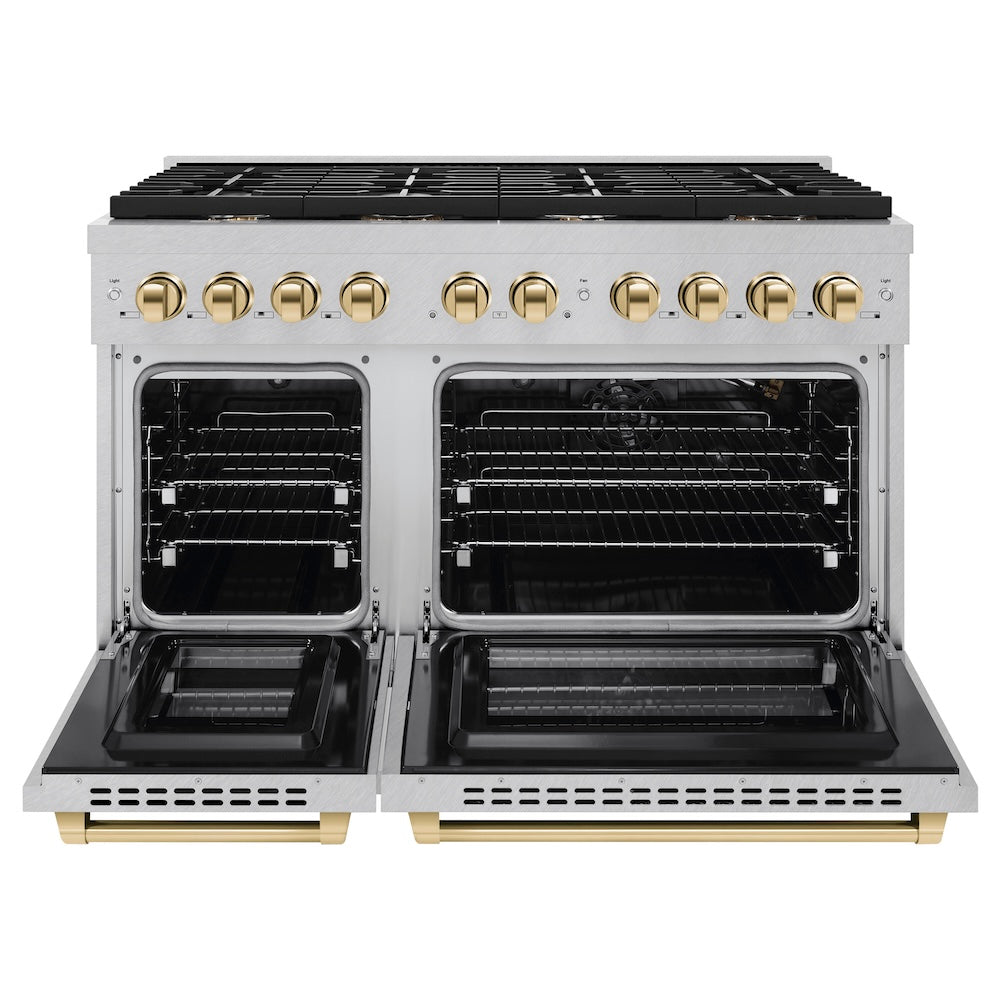 ZLINE Autograph Edition 48 in. 6.7 cu. ft. Paramount Double Oven Gas Range with 8 Burner Cooktop in Satin Stainless Steel and Polished Gold Accents (SGRSZ-48-G) front, open.