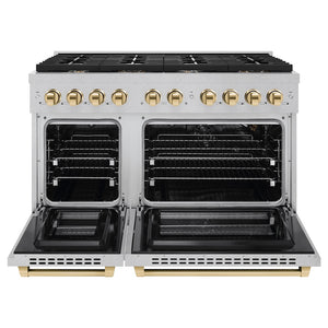 ZLINE Autograph Edition 48 in. 6.7 cu. ft. Paramount Double Oven Gas Range with 8 Burner Cooktop in Satin Stainless Steel and Polished Gold Accents (SGRSZ-48-G) front, open.