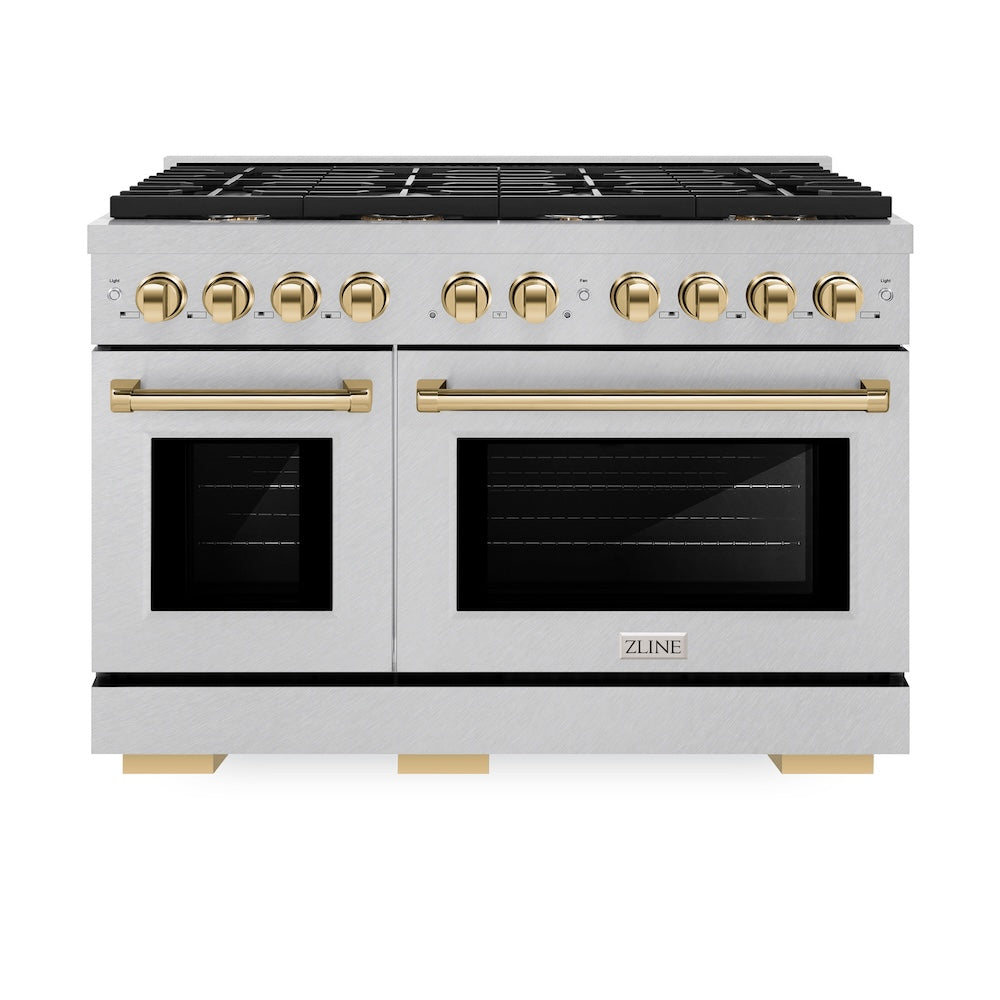ZLINE Autograph Edition 48 in. 6.7 cu. ft. Paramount Double Oven Gas Range with 8 Burner Cooktop in Satin Stainless Steel and Polished Gold Accents (SGRSZ-48-G) front, oven closed.