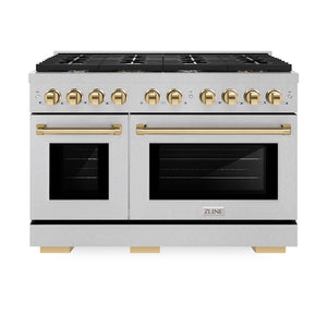 ZLINE Autograph Edition 48 in. 6.7 cu. ft. Paramount Double Oven Gas Range with 8 Burner Cooktop in Satin Stainless Steel and Polished Gold Accents (SGRSZ-48-G) front, oven closed.