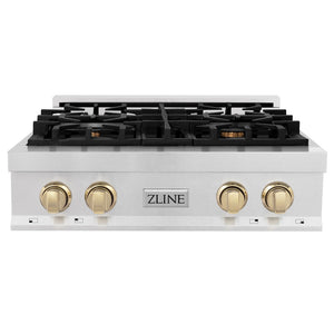 ZLINE Autograph Edition 30 in. Legacy Gas Rangetop with 4 Burners and Porcelain Cooktop in Satin Stainless Steel with Polished Gold Accents (RTSZ-30-G) front.
