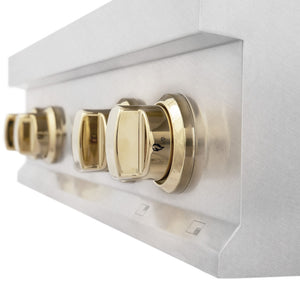 ZLINE Autograph Edition 30 in. Legacy Gas Rangetop with 4 Burners and Porcelain Cooktop in Satin Stainless Steel with Polished Gold Accents (RTSZ-30-G) above.