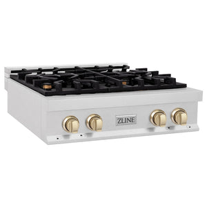 ZLINE Autograph Edition 30 in. Legacy Gas Rangetop with 4 Burners and Porcelain Cooktop in Satin Stainless Steel with Polished Gold Accents (RTSZ-30-G) side.