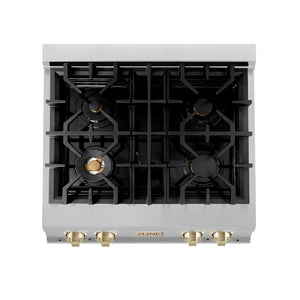 ZLINE Autograph Edition 30 in. Legacy Gas Rangetop with 4 Burners and Porcelain Cooktop in Satin Stainless Steel with Polished Gold Accents (RTSZ-30-G) top-down, above cooktop.