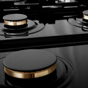 ZLINE Autograph Edition 36 in. Legacy Gas Rangetop with 6 Burners and Porcelain Cooktop in Satin Stainless Steel with Matte Black Accents (RTSZ-36-MB) burners and black porcelain cooktop.