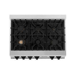 ZLINE Autograph Edition 36 in. Legacy Gas Rangetop with 6 Burners and Porcelain Cooktop in Satin Stainless Steel with Matte Black Accents (RTSZ-36-MB) top-down, above cooktop.