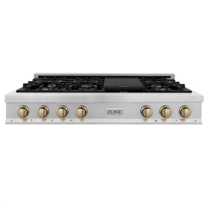 ZLINE Autograph Edition 48 in. Legacy Gas Rangetop with 7 Burners and Porcelain Cooktop in Satin Stainless Steel with Champagne Bronze Accents (RTSZ-48-CB) front.