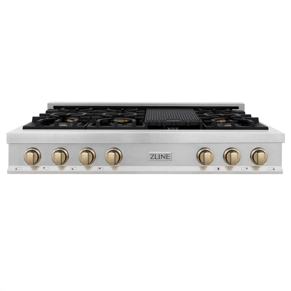 ZLINE Autograph Edition 48 in. Legacy Gas Rangetop with 7 Burners and Porcelain Cooktop in Satin Stainless Steel with Champagne Bronze Accents (RTSZ-48-CB)
