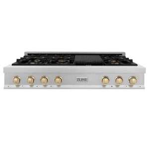 ZLINE Autograph Edition 48 in. Legacy Gas Rangetop with 7 Burners and Porcelain Cooktop in Satin Stainless Steel with Polished Gold Accents (RTSZ-48-G) front.