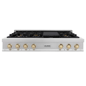 ZLINE Autograph Edition 48 in. Legacy Gas Rangetop with 7 Burners and Porcelain Cooktop in Satin Stainless Steel with Polished Gold Accents (RTSZ-48-G)