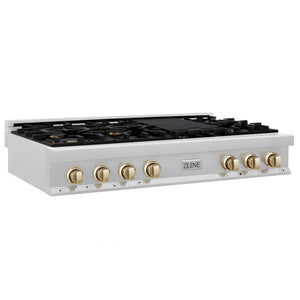ZLINE Autograph Edition 48 in. Legacy Gas Rangetop with 7 Burners and Porcelain Cooktop in Satin Stainless Steel with Polished Gold Accents (RTSZ-48-G) side.