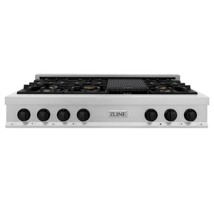 ZLINE Autograph Edition 48 in. Legacy Gas Rangetop with 7 Burners and Porcelain Cooktop in Satin Stainless Steel with Matte Black Accents (RTSZ-48-MB) front.